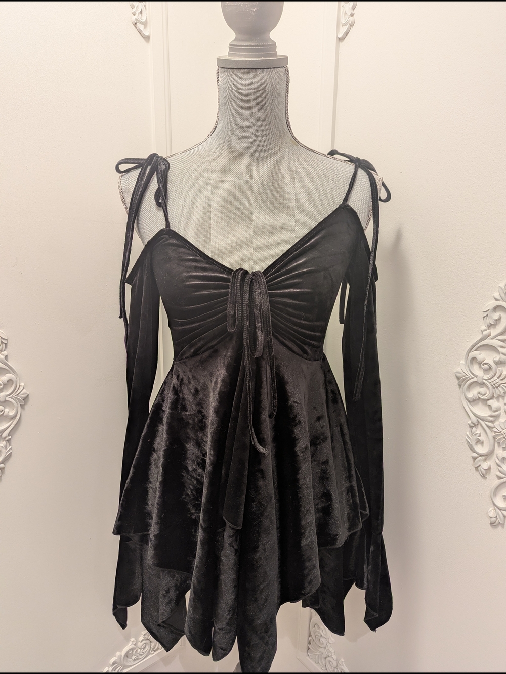 Current Mood Velvet Black Tie-Shoulder Handkerchief Hem Dress